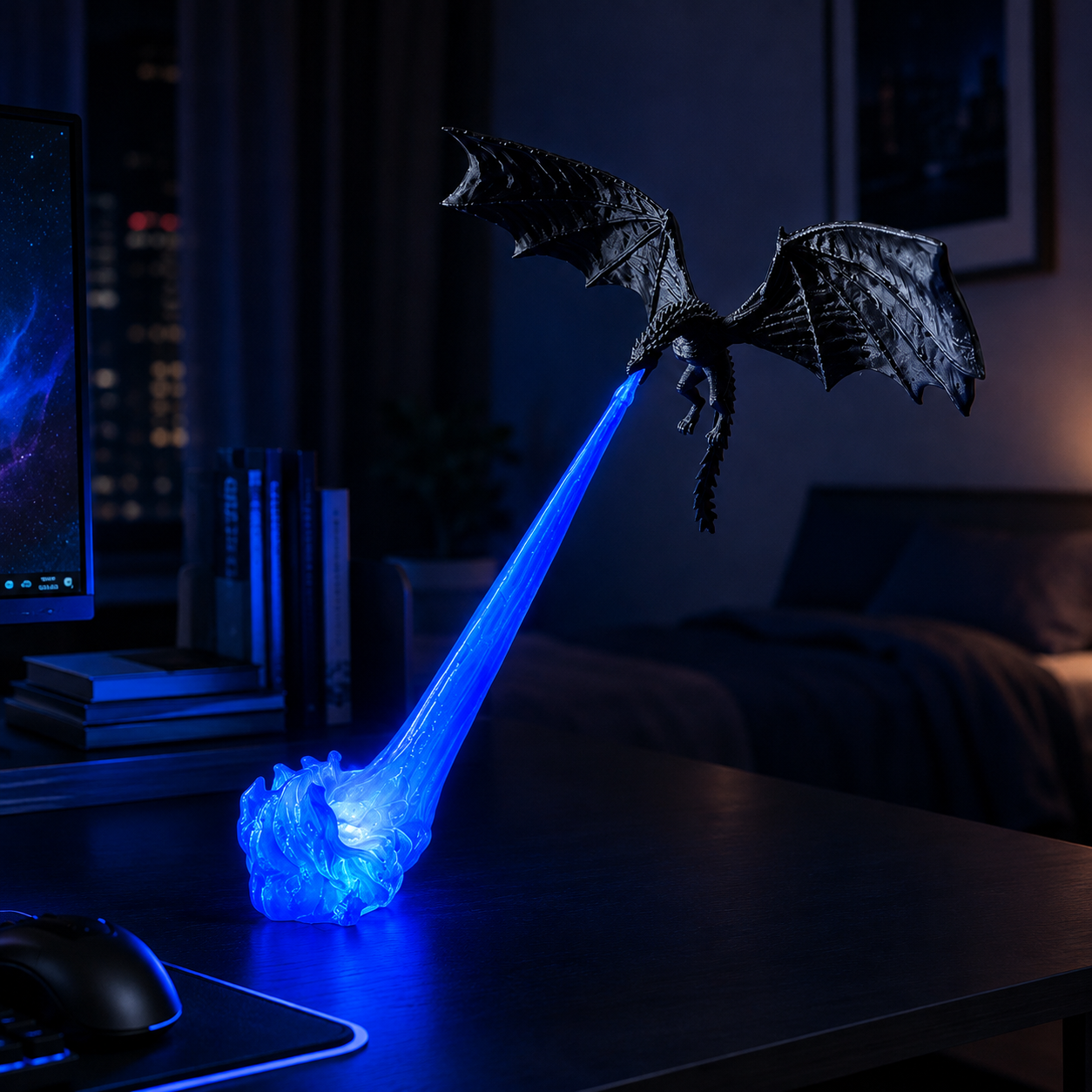 Niebieska lampa Dragon na biurku